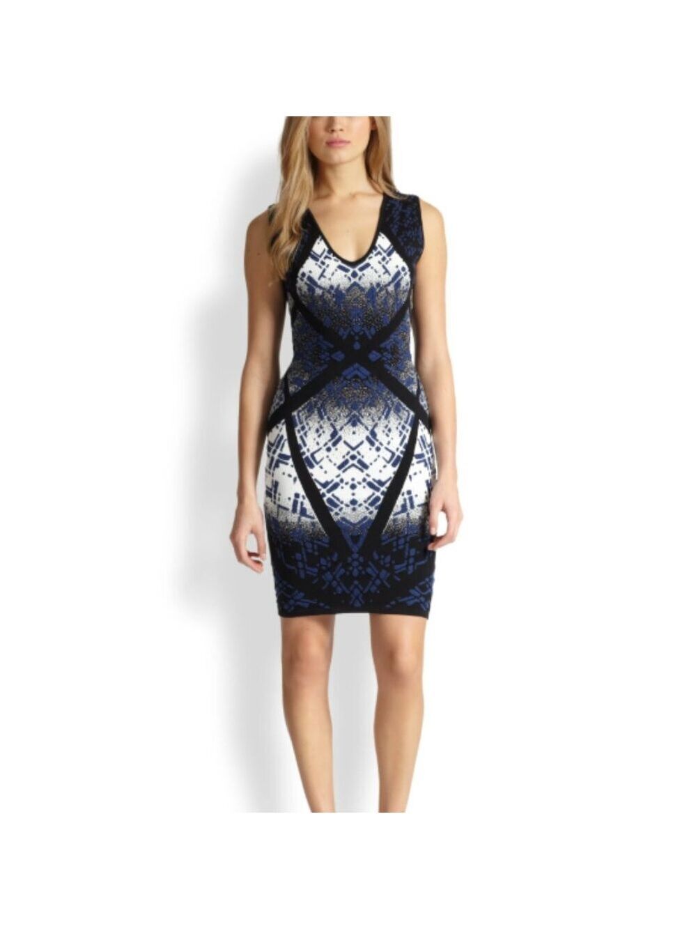 BCBGMaxAzria Navy & Black Geometric Sleeveless Sweater Dress Bodycon Mini 0460